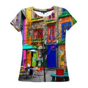 Женская футболка 3D с принтом Улицы Лондона в Екатеринбурге, 100% полиэфир ( синтетическое хлопкоподобное полотно) | прямой крой, круглый вырез горловины, длина до линии бедер | bright | city | color | courtyard | england | london | paint | street | united kingdom | англия | великобритания | город | дворик | краски | лондон | улица | цвет | яркие
