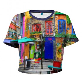Женская футболка 3D укороченная с принтом Улицы Лондона в Екатеринбурге, 100% полиэстер | круглая горловина, длина футболки до линии талии, рукава с отворотами | bright | city | color | courtyard | england | london | paint | street | united kingdom | англия | великобритания | город | дворик | краски | лондон | улица | цвет | яркие