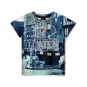 Детская футболка 3D с принтом Улицы Лондона в Екатеринбурге, 100% гипоаллергенный полиэфир | прямой крой, круглый вырез горловины, длина до линии бедер, чуть спущенное плечо, ткань немного тянется | city | england | flag | heart | i | london | love | street | united kingdom | англия | великобритания | город | лондон | люблю | сердце | улица | флаг | я