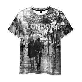 Мужская футболка 3D с принтом Улицы Лондона в Екатеринбурге, 100% полиэфир | прямой крой, круглый вырез горловины, длина до линии бедер | англия | бульвар | великобритания | влюбленные | дождь | зонтик | лондон | улица