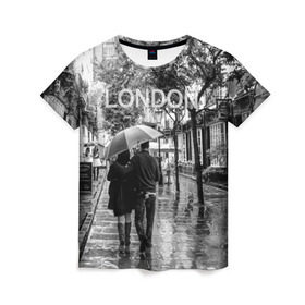 Женская футболка 3D с принтом Улицы Лондона в Екатеринбурге, 100% полиэфир ( синтетическое хлопкоподобное полотно) | прямой крой, круглый вырез горловины, длина до линии бедер | англия | бульвар | великобритания | влюбленные | дождь | зонтик | лондон | улица