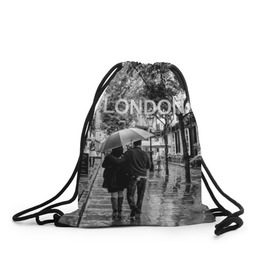 Рюкзак-мешок 3D с принтом Улицы Лондона в Екатеринбурге, 100% полиэстер | плотность ткани — 200 г/м2, размер — 35 х 45 см; лямки — толстые шнурки, застежка на шнуровке, без карманов и подкладки | англия | бульвар | великобритания | влюбленные | дождь | зонтик | лондон | улица