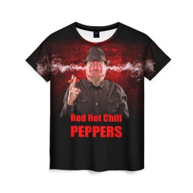 Женская футболка 3D с принтом Red Hot Chili Peppers в Екатеринбурге, 100% полиэфир ( синтетическое хлопкоподобное полотно) | прямой крой, круглый вырез горловины, длина до линии бедер | звезда | красный | кумир | музыка | перец | рок | рок группа | хит
