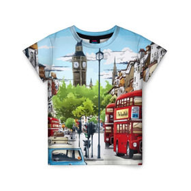 Детская футболка 3D с принтом Улицы Лондона в Екатеринбурге, 100% гипоаллергенный полиэфир | прямой крой, круглый вырез горловины, длина до линии бедер, чуть спущенное плечо, ткань немного тянется | Тематика изображения на принте: city | england | london | united kingdom | англия | великобритания | город | лондон