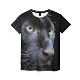 Женская футболка 3D с принтом Черная пантера в Екатеринбурге, 100% полиэфир ( синтетическое хлопкоподобное полотно) | прямой крой, круглый вырез горловины, длина до линии бедер | животные | кис | киска | кот | котенок | котик | кошечка | кошка | пантера | рысь | тигр | хищник