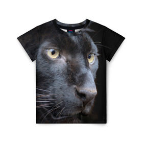 Детская футболка 3D с принтом Черная пантера в Екатеринбурге, 100% гипоаллергенный полиэфир | прямой крой, круглый вырез горловины, длина до линии бедер, чуть спущенное плечо, ткань немного тянется | Тематика изображения на принте: животные | кис | киска | кот | котенок | котик | кошечка | кошка | пантера | рысь | тигр | хищник