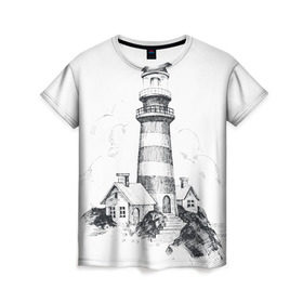 Женская футболка 3D с принтом Маяк в Екатеринбурге, 100% полиэфир ( синтетическое хлопкоподобное полотно) | прямой крой, круглый вырез горловины, длина до линии бедер | вмф | карандаш | маяк | море | моряк | речник | флот