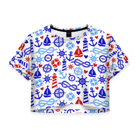 Женская футболка 3D укороченная с принтом Речник в Екатеринбурге, 100% полиэстер | круглая горловина, длина футболки до линии талии, рукава с отворотами | вода | канат | компас | круг | маяк | море | парус | спасатель | узел | якорь