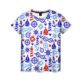 Женская футболка 3D с принтом Речник в Екатеринбурге, 100% полиэфир ( синтетическое хлопкоподобное полотно) | прямой крой, круглый вырез горловины, длина до линии бедер | вода | канат | компас | круг | маяк | море | парус | спасатель | узел | якорь