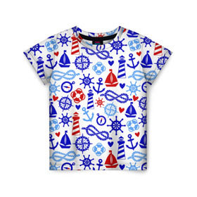 Детская футболка 3D с принтом Речник в Екатеринбурге, 100% гипоаллергенный полиэфир | прямой крой, круглый вырез горловины, длина до линии бедер, чуть спущенное плечо, ткань немного тянется | вода | канат | компас | круг | маяк | море | парус | спасатель | узел | якорь