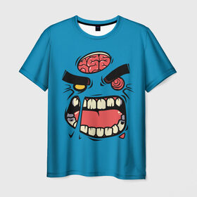 Мужская футболка 3D с принтом Angry Zombie в Екатеринбурге, 100% полиэфир | прямой крой, круглый вырез горловины, длина до линии бедер | Тематика изображения на принте: brain | evil | face | halloween | monster | smile | zombie | зомби | лицо | мозг | монстр | нечисть | смайл | хэллоуин