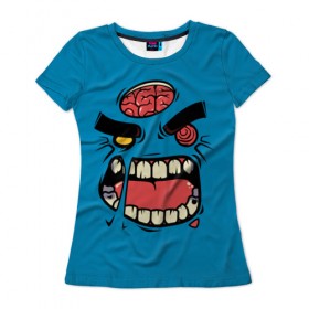 Женская футболка 3D с принтом Angry Zombie в Екатеринбурге, 100% полиэфир ( синтетическое хлопкоподобное полотно) | прямой крой, круглый вырез горловины, длина до линии бедер | brain | evil | face | halloween | monster | smile | zombie | зомби | лицо | мозг | монстр | нечисть | смайл | хэллоуин