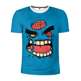 Мужская футболка 3D спортивная с принтом Angry Zombie в Екатеринбурге, 100% полиэстер с улучшенными характеристиками | приталенный силуэт, круглая горловина, широкие плечи, сужается к линии бедра | brain | evil | face | halloween | monster | smile | zombie | зомби | лицо | мозг | монстр | нечисть | смайл | хэллоуин