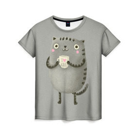 Женская футболка 3D с принтом Cat Love Kill в Екатеринбурге, 100% полиэфир ( синтетическое хлопкоподобное полотно) | прямой крой, круглый вырез горловины, длина до линии бедер | animal | beast | cat | feline | kill | kitty | love | meow | взгляд | животное | зверь | кот | котенок | котик | кофе | кошка | любовь | мяу | чай