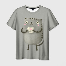 Мужская футболка 3D с принтом Cat Love Kill в Екатеринбурге, 100% полиэфир | прямой крой, круглый вырез горловины, длина до линии бедер | animal | beast | cat | feline | kill | kitty | love | meow | взгляд | животное | зверь | кот | котенок | котик | кофе | кошка | любовь | мяу | чай