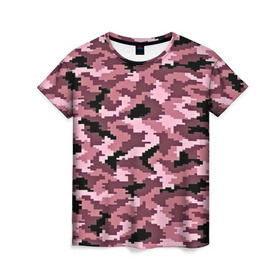 Женская футболка 3D с принтом Розовый камуфляж в Екатеринбурге, 100% полиэфир ( синтетическое хлопкоподобное полотно) | прямой крой, круглый вырез горловины, длина до линии бедер | пиксельный