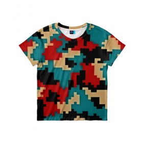 Детская футболка 3D с принтом Camouflage в Екатеринбурге, 100% гипоаллергенный полиэфир | прямой крой, круглый вырез горловины, длина до линии бедер, чуть спущенное плечо, ткань немного тянется | камуфляж | пиксельный | разноцветный