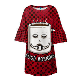 Детское платье 3D с принтом Good Morning в Екатеринбурге, 100% полиэстер | прямой силуэт, чуть расширенный к низу. Круглая горловина, на рукавах — воланы | Тематика изображения на принте: coffee | кофе | кружка | утро | чашка