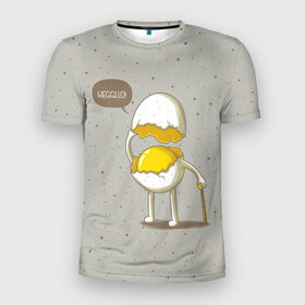 Мужская футболка 3D спортивная с принтом Яйцо приветствует в Екатеринбурге, 100% полиэстер с улучшенными характеристиками | приталенный силуэт, круглая горловина, широкие плечи, сужается к линии бедра | Тематика изображения на принте: cook | eat | egg | food | funny | hello | smile | еда | кухня | повар | привет | прикол | смайл | улыбка | яйцо