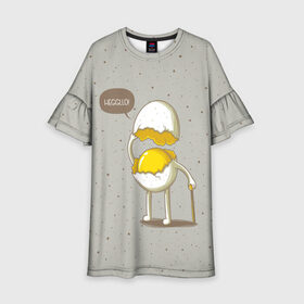 Детское платье 3D с принтом Яйцо приветствует в Екатеринбурге, 100% полиэстер | прямой силуэт, чуть расширенный к низу. Круглая горловина, на рукавах — воланы | cook | eat | egg | food | funny | hello | smile | еда | кухня | повар | привет | прикол | смайл | улыбка | яйцо