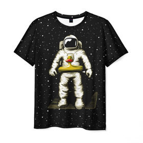 Мужская футболка 3D с принтом Космонавт с уточкой в Екатеринбурге, 100% полиэфир | прямой крой, круглый вырез горловины, длина до линии бедер | астронавт | ванна | галактика | звезды | космонавт | планета | утка | уточка