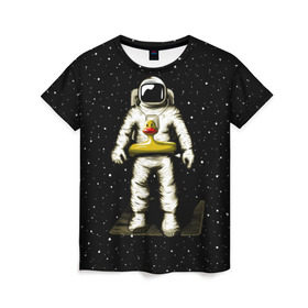 Женская футболка 3D с принтом Космонавт с уточкой в Екатеринбурге, 100% полиэфир ( синтетическое хлопкоподобное полотно) | прямой крой, круглый вырез горловины, длина до линии бедер | астронавт | ванна | галактика | звезды | космонавт | планета | утка | уточка