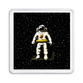 Магнит 55*55 с принтом Космонавт с уточкой в Екатеринбурге, Пластик | Размер: 65*65 мм; Размер печати: 55*55 мм | астронавт | ванна | галактика | звезды | космонавт | планета | утка | уточка
