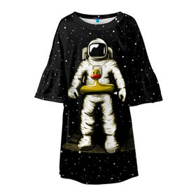 Детское платье 3D с принтом Космонавт с уточкой в Екатеринбурге, 100% полиэстер | прямой силуэт, чуть расширенный к низу. Круглая горловина, на рукавах — воланы | астронавт | ванна | галактика | звезды | космонавт | планета | утка | уточка