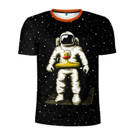 Мужская футболка 3D спортивная с принтом Космонавт с уточкой в Екатеринбурге, 100% полиэстер с улучшенными характеристиками | приталенный силуэт, круглая горловина, широкие плечи, сужается к линии бедра | Тематика изображения на принте: астронавт | ванна | галактика | звезды | космонавт | планета | утка | уточка