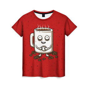 Женская футболка 3D с принтом Кофейный пьяница в Екатеринбурге, 100% полиэфир ( синтетическое хлопкоподобное полотно) | прямой крой, круглый вырез горловины, длина до линии бедер | coffee | tea | кофе | кружка | утро | чай | чашка