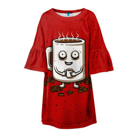 Детское платье 3D с принтом Кофейный пьяница в Екатеринбурге, 100% полиэстер | прямой силуэт, чуть расширенный к низу. Круглая горловина, на рукавах — воланы | coffee | tea | кофе | кружка | утро | чай | чашка