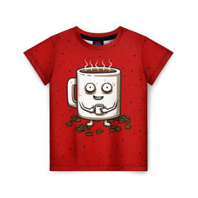 Детская футболка 3D с принтом Кофейный пьяница в Екатеринбурге, 100% гипоаллергенный полиэфир | прямой крой, круглый вырез горловины, длина до линии бедер, чуть спущенное плечо, ткань немного тянется | coffee | tea | кофе | кружка | утро | чай | чашка