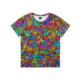 Детская футболка 3D с принтом Разноцветные бабочки в Екатеринбурге, 100% гипоаллергенный полиэфир | прямой крой, круглый вырез горловины, длина до линии бедер, чуть спущенное плечо, ткань немного тянется | насекомые | паттерн | пестрый | радуга | разноцветный | яркий