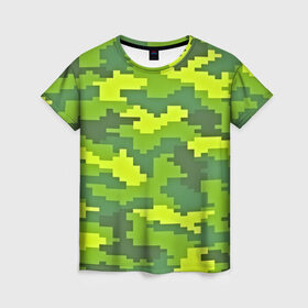 Женская футболка 3D с принтом Зелёный камуфляж в Екатеринбурге, 100% полиэфир ( синтетическое хлопкоподобное полотно) | прямой крой, круглый вырез горловины, длина до линии бедер | пиксели
