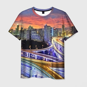 Мужская футболка 3D с принтом Ночные дороги в Екатеринбурге, 100% полиэфир | прямой крой, круглый вырез горловины, длина до линии бедер | Тематика изображения на принте: город | пейзаж