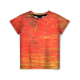 Детская футболка 3D с принтом Потертости в Екатеринбурге, 100% гипоаллергенный полиэфир | прямой крой, круглый вырез горловины, длина до линии бедер, чуть спущенное плечо, ткань немного тянется | абстракция | красная | оранжевая | потертая | старая | текстура | цвет | яркая