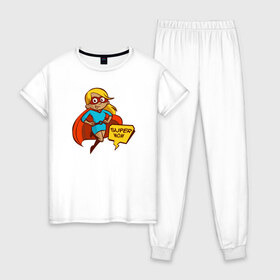 Женская пижама хлопок с принтом Super Mom в Екатеринбурге, 100% хлопок | брюки и футболка прямого кроя, без карманов, на брюках мягкая резинка на поясе и по низу штанин | 8 марта | мама | супермама