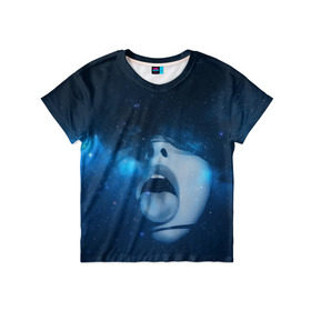 Детская футболка 3D с принтом Космический рот в Екатеринбурге, 100% гипоаллергенный полиэфир | прямой крой, круглый вырез горловины, длина до линии бедер, чуть спущенное плечо, ткань немного тянется | Тематика изображения на принте: губы | девушка | женщина | звезды | зубы | космос | синий | туманность | черная дыра