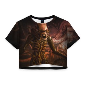 Женская футболка 3D укороченная с принтом Alien в Екатеринбурге, 100% полиэстер | круглая горловина, длина футболки до линии талии, рукава с отворотами | alien | блокбастер. монстр | боевик | кино | кинофильм | скелет | чужой