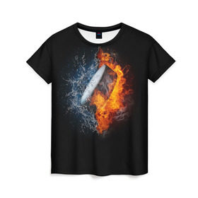 Женская футболка 3D с принтом Шайба - огонь и вода в Екатеринбурге, 100% полиэфир ( синтетическое хлопкоподобное полотно) | прямой крой, круглый вырез горловины, длина до линии бедер | вода | лед | огонь | пламя | россия | спорт | хоккей | шайба