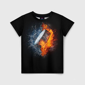Детская футболка 3D с принтом Шайба - огонь и вода в Екатеринбурге, 100% гипоаллергенный полиэфир | прямой крой, круглый вырез горловины, длина до линии бедер, чуть спущенное плечо, ткань немного тянется | вода | лед | огонь | пламя | россия | спорт | хоккей | шайба