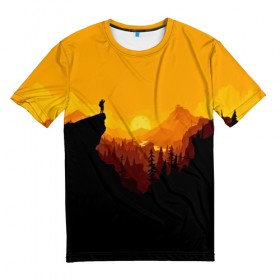 Мужская футболка 3D с принтом FIREWATCH в Екатеринбурге, 100% полиэфир | прямой крой, круглый вырез горловины, длина до линии бедер | закат | файрвотч