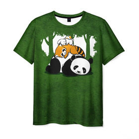 Мужская футболка 3D с принтом Милая панда в Екатеринбурге, 100% полиэфир | прямой крой, круглый вырез горловины, длина до линии бедер | большая | джунгли | енот | зайка | милая | панда | пушистая