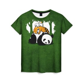 Женская футболка 3D с принтом Милая панда в Екатеринбурге, 100% полиэфир ( синтетическое хлопкоподобное полотно) | прямой крой, круглый вырез горловины, длина до линии бедер | большая | джунгли | енот | зайка | милая | панда | пушистая