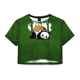 Женская футболка 3D укороченная с принтом Милая панда в Екатеринбурге, 100% полиэстер | круглая горловина, длина футболки до линии талии, рукава с отворотами | большая | джунгли | енот | зайка | милая | панда | пушистая