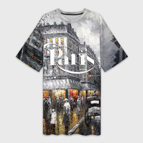 Платье-футболка 3D с принтом Улицы Парижа в Екатеринбурге,  |  | architecture | city | eiffel tower | houses | painting | paris | people | sky | street | архитектура | город | дома | картина | люди | небо | париж | улица | эйфелева башня