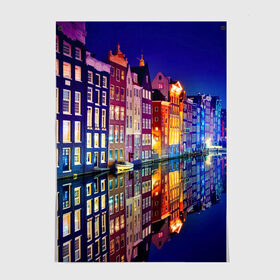 Постер с принтом Амстердама, Нидерланды в Екатеринбурге, 100% бумага
 | бумага, плотность 150 мг. Матовая, но за счет высокого коэффициента гладкости имеет небольшой блеск и дает на свету блики, но в отличии от глянцевой бумаги не покрыта лаком | amsterdam | boat | bright | color | lights | night | pier | rainbow | reflection | the city | the netherlands | the strait | water | амстердама | вода | город | лодка | нидерланды | ночь | огни | отражение | причал | пролив | радуга | цвет | яркий
