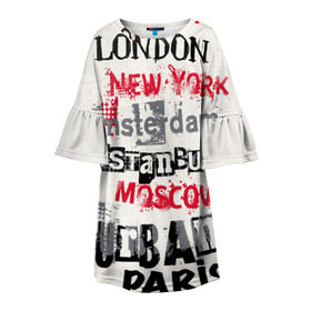 Детское платье 3D с принтом Текстовой арт в Екатеринбурге, 100% полиэстер | прямой силуэт, чуть расширенный к низу. Круглая горловина, на рукавах — воланы | amsterdam | istanbul | london | moscow | new york | paris | urban | амстердам | лондон | москва | нью йорк | париж | стамбул