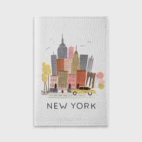 Обложка для паспорта матовая кожа с принтом Нью-Йорк в Екатеринбурге, натуральная матовая кожа | размер 19,3 х 13,7 см; прозрачные пластиковые крепления | Тематика изображения на принте: new york | воздушные шары | город | деревья | рисунок | такси
