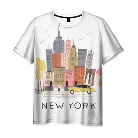Мужская футболка 3D с принтом Нью-Йорк в Екатеринбурге, 100% полиэфир | прямой крой, круглый вырез горловины, длина до линии бедер | new york | воздушные шары | город | деревья | рисунок | такси